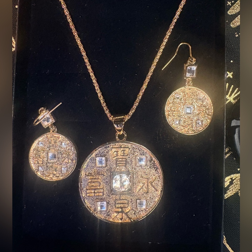 Elegant Gold Coin Good Fortune Pendant Necklace and Earring Set